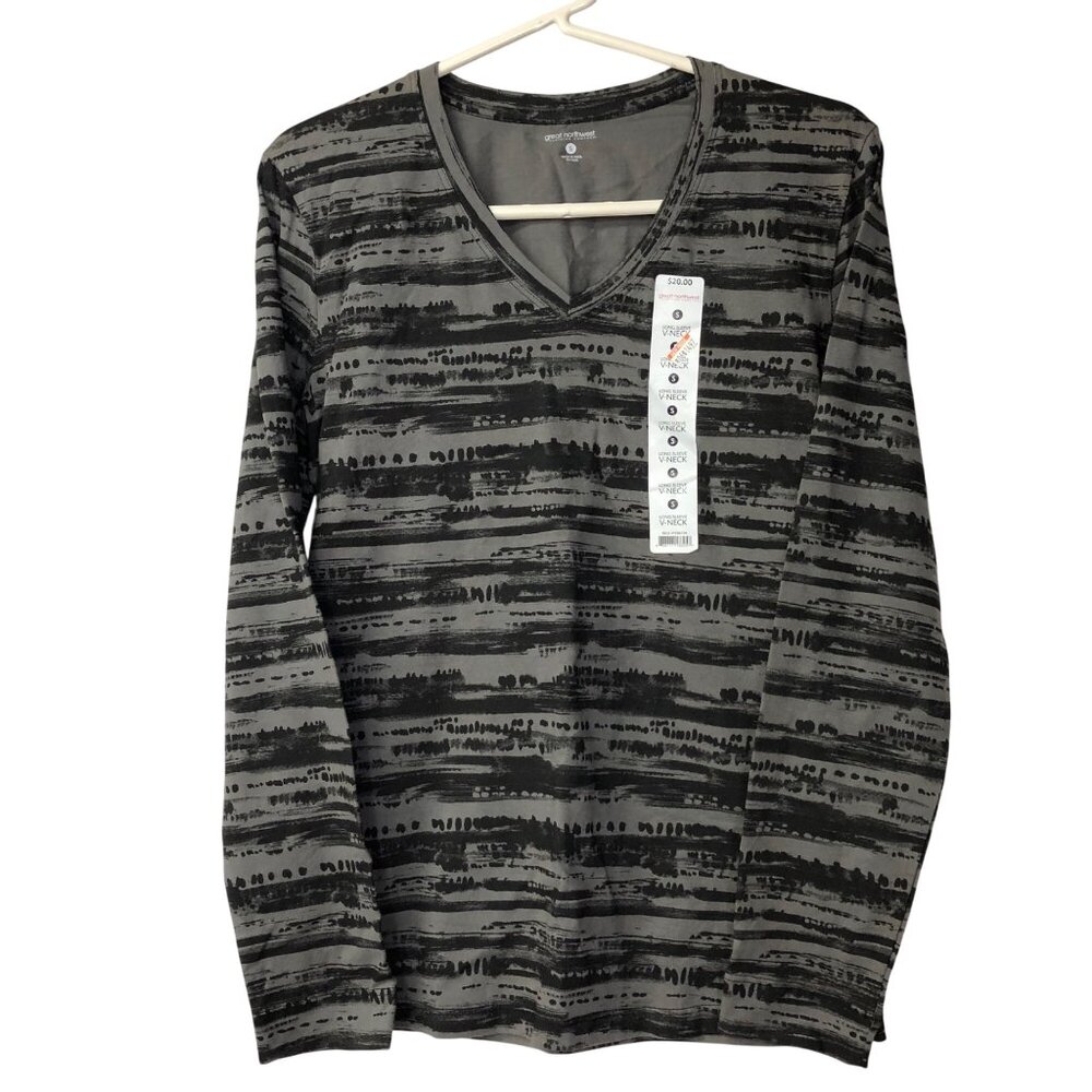 Great Northwest Gray & Black Striped Long Sleeve V-Neck Shirt Sm NWT